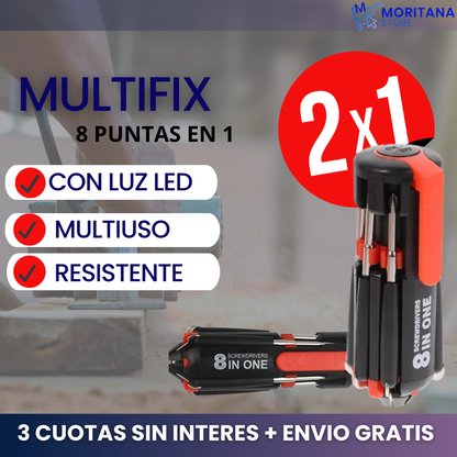 COMBO 2x1 – MULTIFIX 8 EN 1:  Destornillador compacto de acero | todo en una sola herramienta.