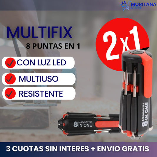 COMBO 2x1 – MULTIFIX 8 EN 1:  Destornillador compacto de acero | todo en una sola herramienta.