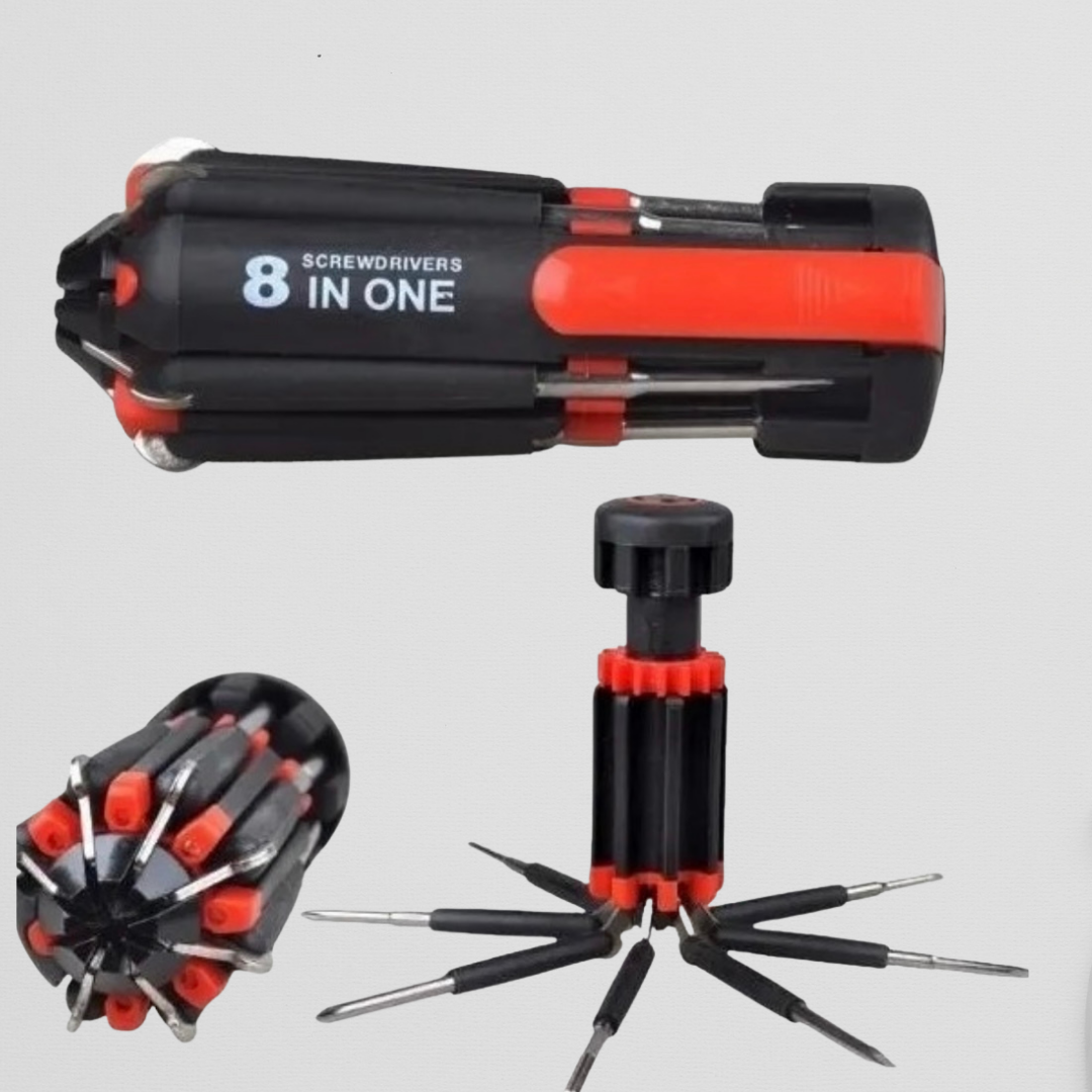 COMBO 2x1 – MULTIFIX 8 EN 1:  Destornillador compacto de acero | todo en una sola herramienta.