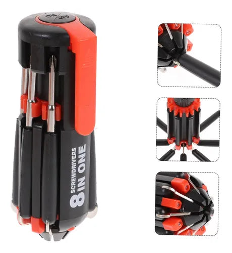 COMBO 2x1 – MULTIFIX 8 EN 1:  Destornillador compacto de acero | todo en una sola herramienta.