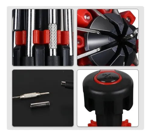 COMBO 2x1 – MULTIFIX 8 EN 1: Destornillador compacto de acero | todo en una sola herramienta.