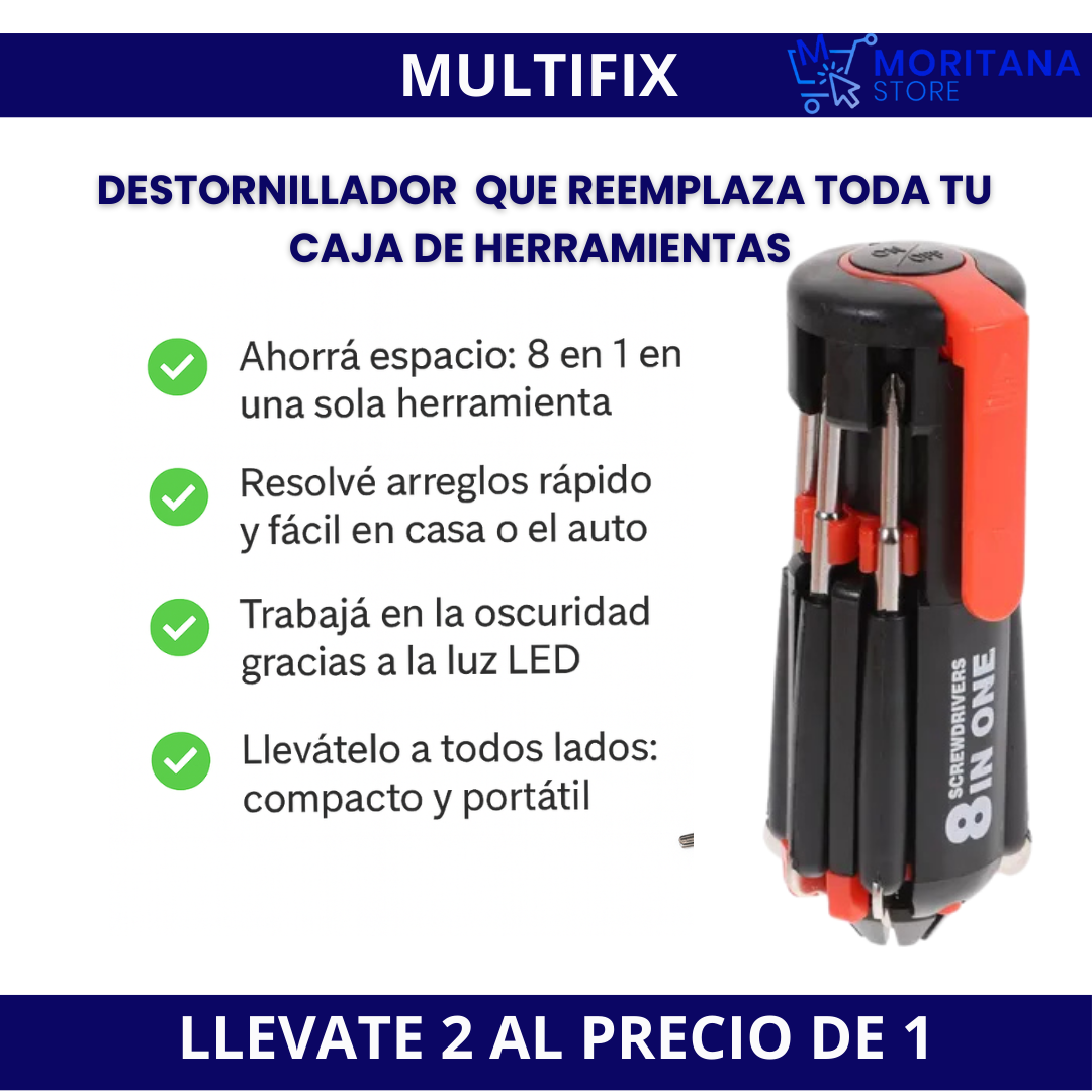 COMBO 2x1 – MULTIFIX 8 EN 1:  Destornillador compacto de acero | todo en una sola herramienta.